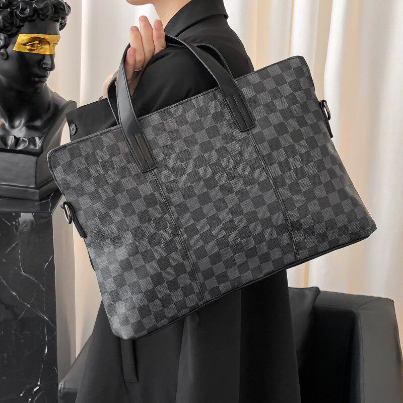 European and American fashion brand men's bag genuine leather tote bag new casual business briefcase checkered horizontal one-shoulder diagonal cross bag man