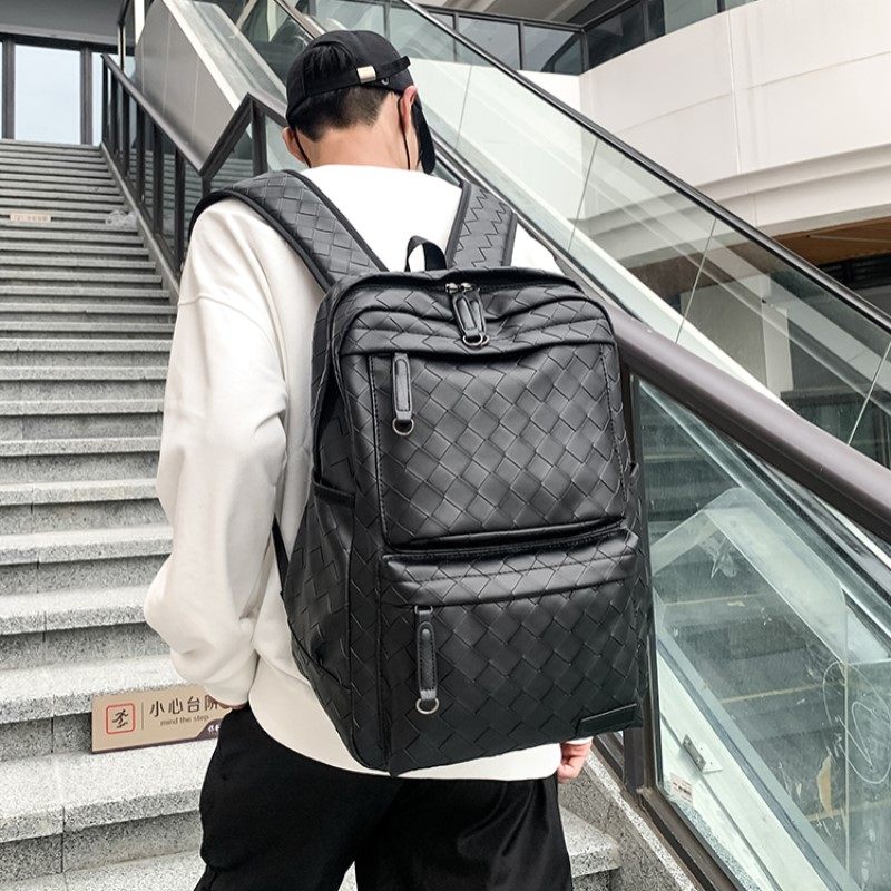 Tide brand men's bag genuine leather large capacity backpack Korean version knit casual men's backpack versatile student travel computer bag