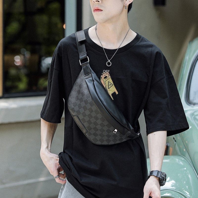 Leather male bag tide new chest bag male casual single shoulder bag fashion lattice bag Europe and America large capacity slant bag bag