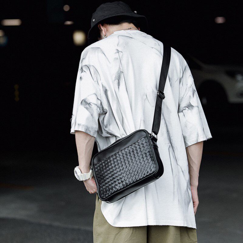 Tide Cards Genuine Leather Men's Bag Fashion Handmade Weave Sloping Cross-pack Street Men Casual Single Shoulder Bag Inellen Small Scapegoat