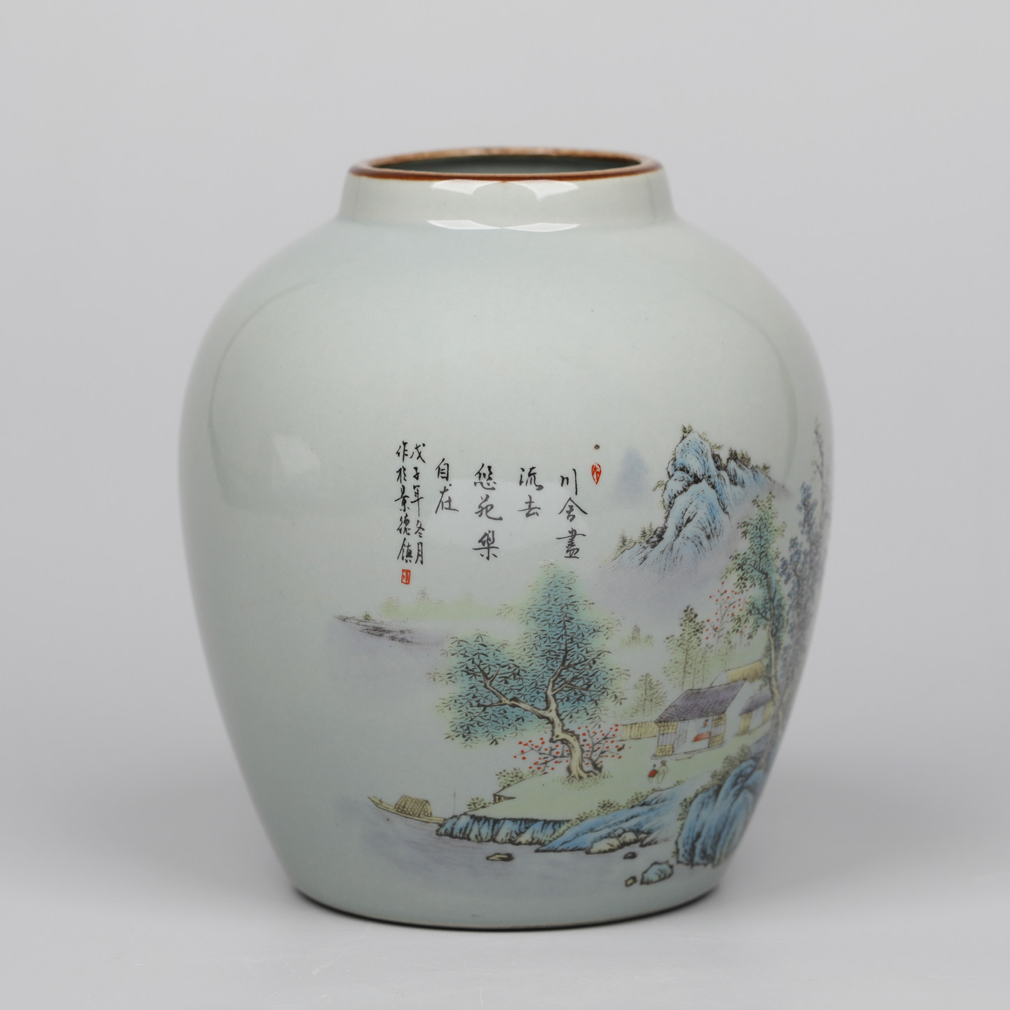 大清光绪年制款粉彩山水纹豆青酱釉口罐：穿越时光的艺术瑰宝-仿古瓷器