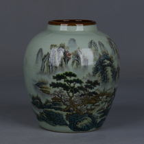 Made in the Guangxu period of the Qing Dynasty pastel Fujiang Chunyun landscape pattern bean green sauce glaze mouth jar antique porcelain antiques