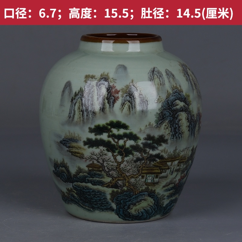 Qing Dynasty Guangxu year-made pastel Fujiang Spring Rhyme Landscape Pattern Bean green sauce Glazed mouth jar Antique porcelain Antique antique Antique Antique Antique Antique Antique Antique antique antique antique