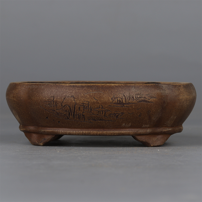 Cultural Revolution famous Gu Shaopei made Yixing Purple Sand Carving mountains and green waters beautiful landscape pattern Begonia special-shaped calamus flower pot