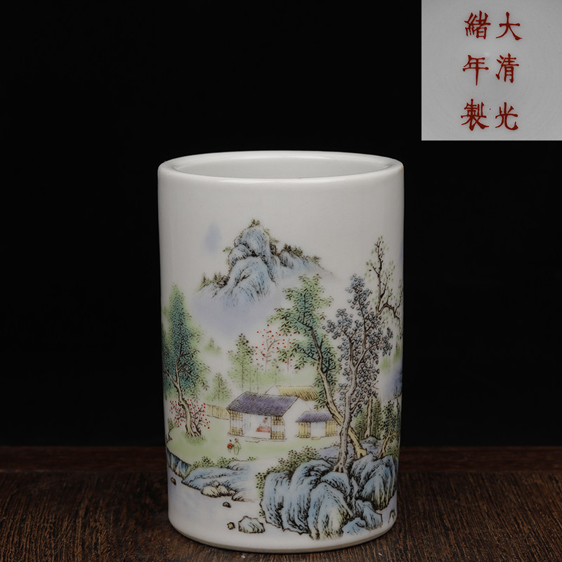 大清光绪年製粉彩山水人物薄胎小碗 小杯 中国美術古董品 复古大清光绪年制款粉彩山水纹小笔筒古玩古董瓷器仿古做旧收藏-淘宝