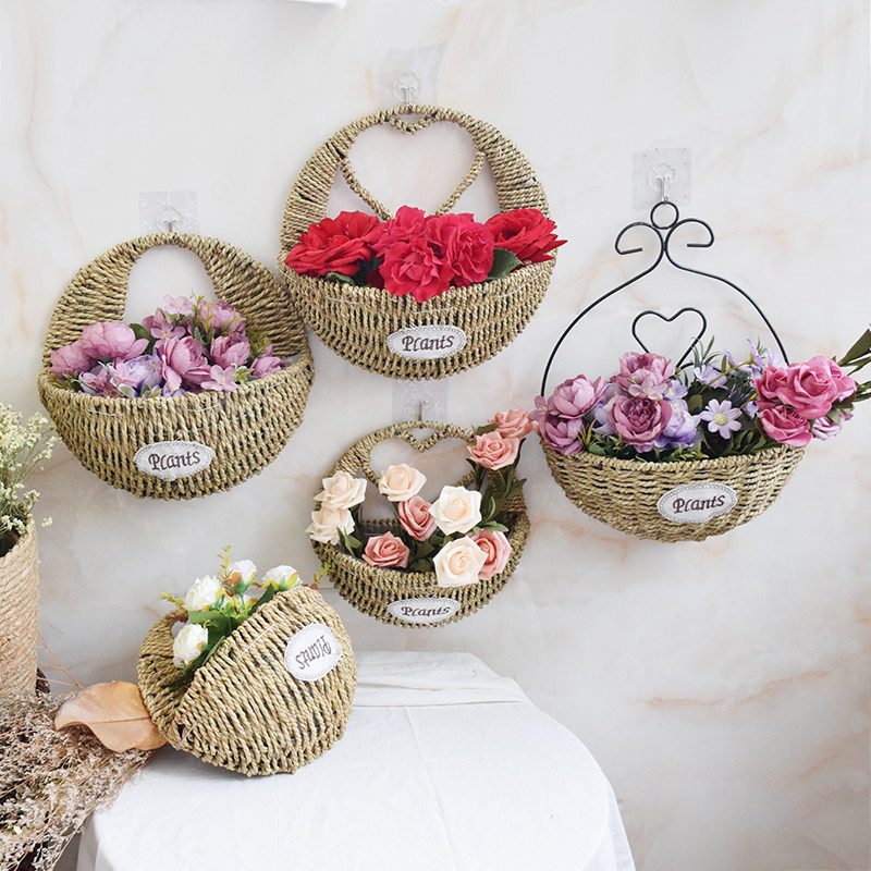 Handmade Grass woven willow woven floral wall-mounted floral basket creative wall Wall Decorated Flower Arrangement Green Plant Hanging Basket
