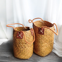 Seaweed woven flower basket flower arrangement dried flowers portable rattan flower pot handbag pastoral handmade bamboo woven living room decoration