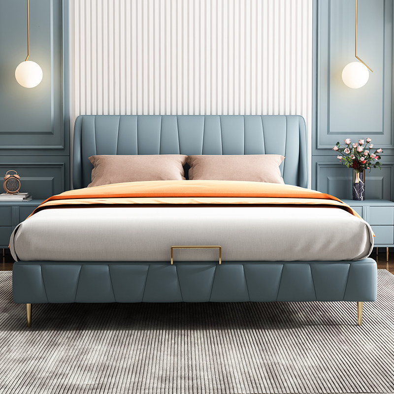 Hundred pure light luxury leather bed Simple modern 1 8 meters master bedroom double bed Minimalist style Italian wedding bed net red model