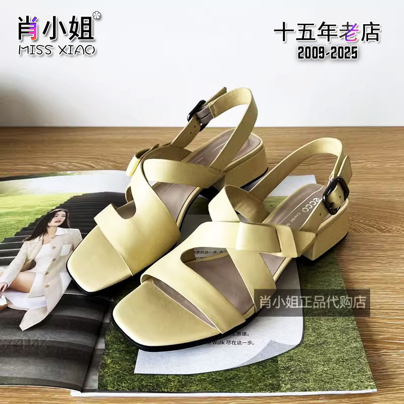 Ecco Women's Shoes 2023 Spring/Summer Collection Chunky Heel High-Heeled Sandals Sheepskin Commuter Elegant Square Toe 291363 in Stock