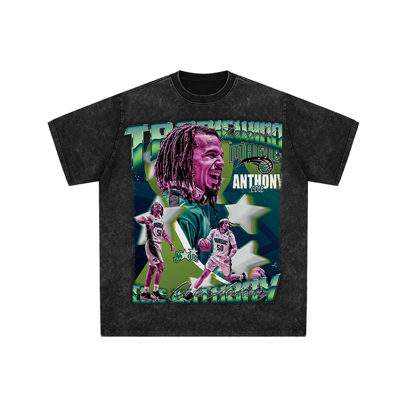 Star Player T-Shirt, American-Style Washed, Loose Fit, Hip-Hop Street Style, Heavy Vintage Short-Sleeve, Orlando Magic, Cole Anthony