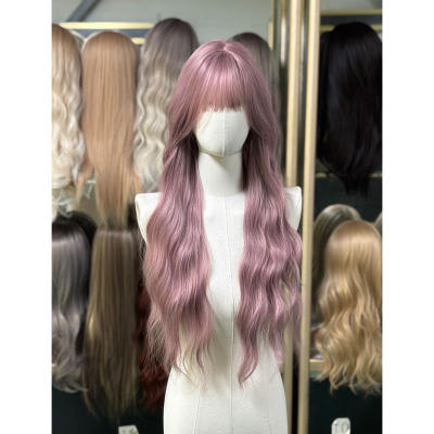 Bangs wig for women, long curly hair, dry rose pink wool curls, fashionable and realistic human hair, full head wig style