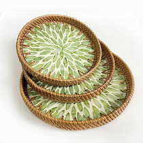 H310 full screen green leaf spring color rattan bricette shell fruit tray Three sets of creative hand woven household snack tray