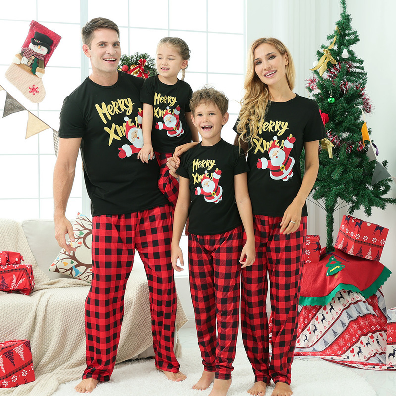 Cross-Border Christmas Family Outfit Homewear Black Short-Sleeve Snowman Pattern T-Shirt Set Long Pants Plaid Wish