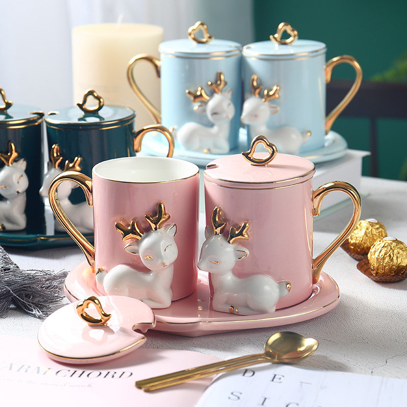 Couples cup ceramic cup with lid spoon mug a couple style water cup to cup set creative wedding gift