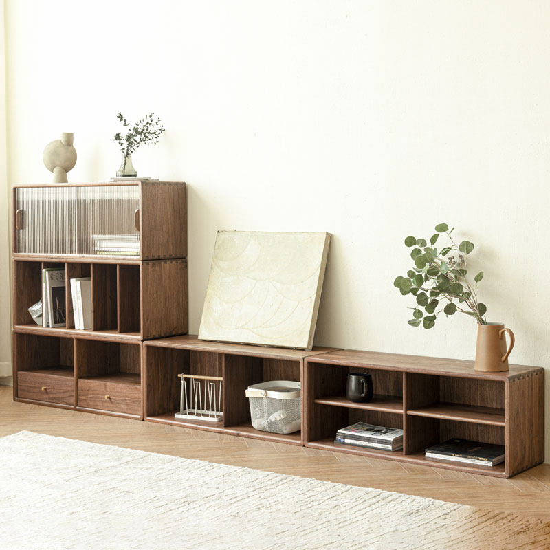 Japanese-style solid wood lattice cabinet free combination bookcase low cabinet floor black walnut bedroom living room bookshelf storage cabinet