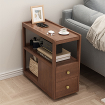 Nordic living room black walnut-colored solid wood sofa side cabinet long strip narrow movable slotted tea storage cabinet