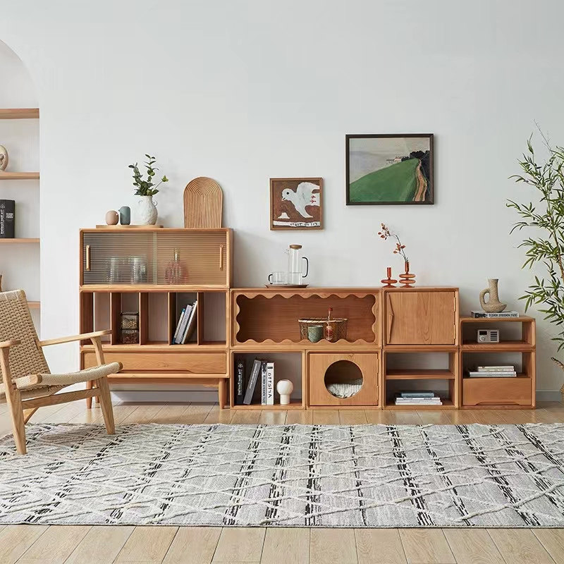 Japanese-style net red cherry-colored solid wood log wind floor-to-ceiling free combination bookcase low cabinet floating pane cabinet locker