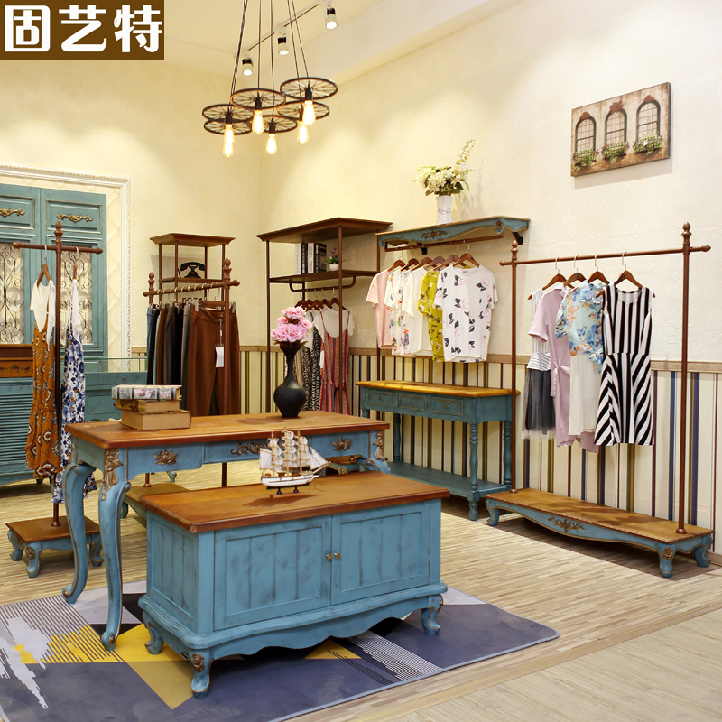 Solid art retro American women's clothing shelf Clothing store display rack cabinet Wall hanger Floor-to-ceiling table display rack