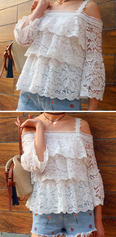 Mùa hè 2018 phiên bản Hàn Quốc mới của thời trang siêu tiên ren ren một bên vai áo sơ mi voan nhỏ tươi trái tim nữ