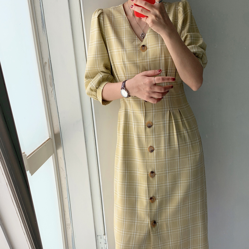 Thung lũng bí ngô với cùng một chiếc váy nữ dài xuân 2019 mới cho phụ nữ retro tay áo bong bóng - Váy eo cao đầm xoắn eo