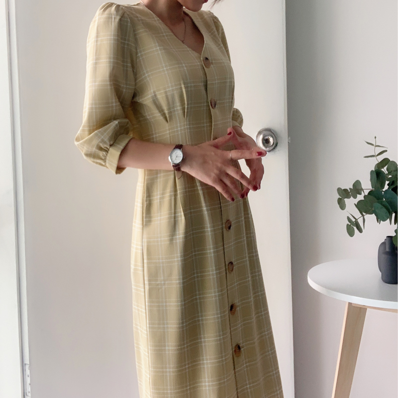 Thung lũng bí ngô với cùng một chiếc váy nữ dài xuân 2019 mới cho phụ nữ retro tay áo bong bóng - Váy eo cao đầm xoắn eo
