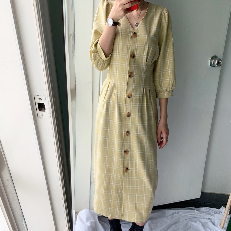 Thung lũng bí ngô với cùng một chiếc váy nữ dài xuân 2019 mới cho phụ nữ retro tay áo bong bóng - Váy eo cao đầm xoắn eo