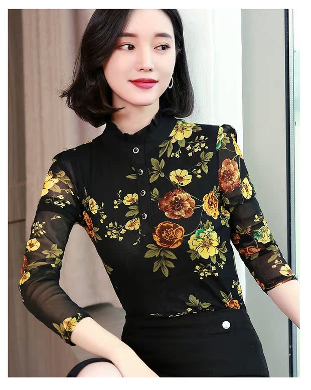 Áo sơ mi nữ mới tay dài tay áo voan đáy in áo nữ mùa thu 2018 cổ áo sơ mi ren áo tay dài nữ