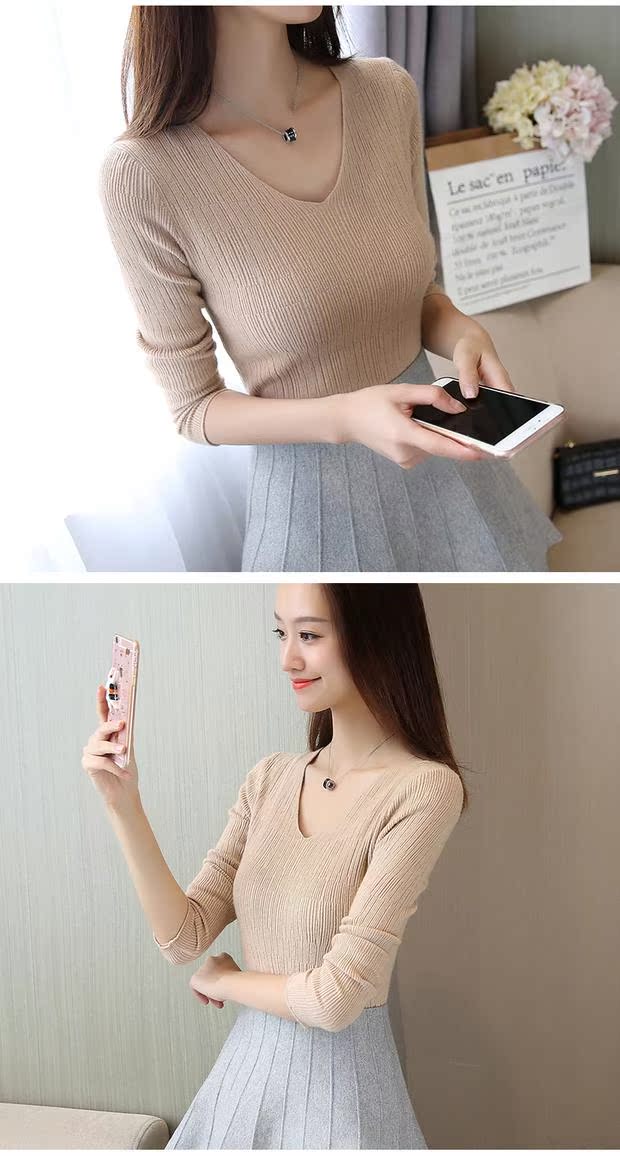 Mùa thu 2018 mới của phụ nữ áo dài tay cổ chữ V chạm đáy ngắn áo len nữ mùa xuân và mùa thu Áo len mỏng mỏng các kiểu áo len
