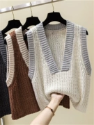 Mùa thu đông mặc áo cổ chữ V phối màu áo len vest nữ ngắn đoạn áo len không tay bên ngoài mặc áo khoác thủy triều