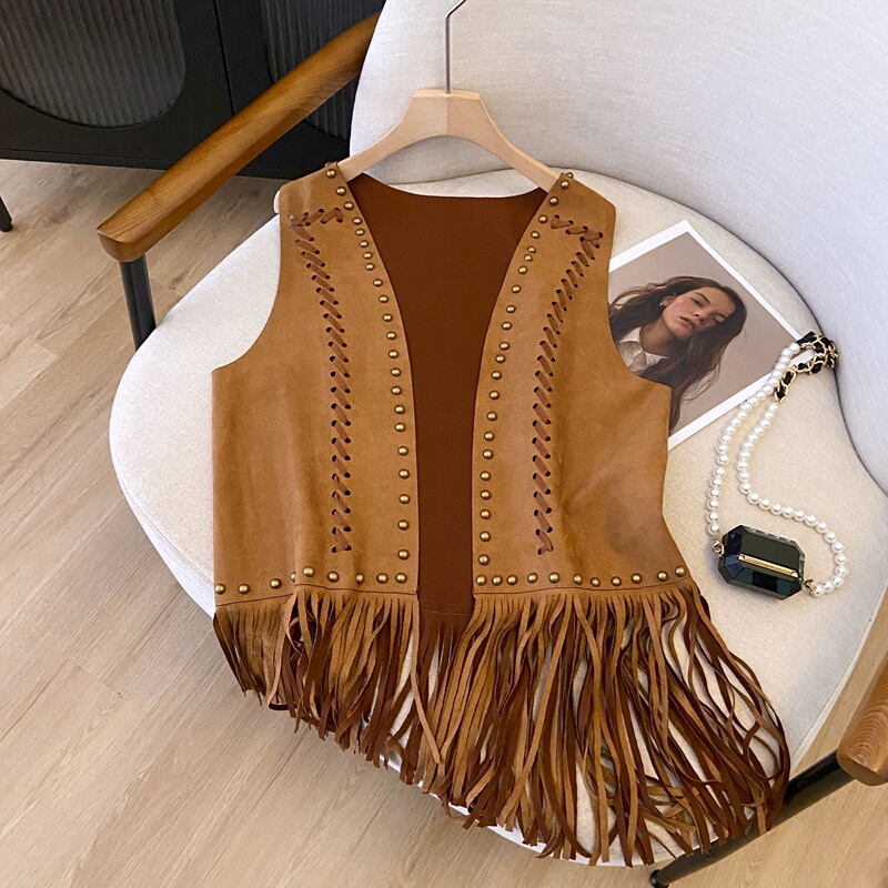 Xinjiang Desert American Retro Stylish Western-Style Horseback Riding Studded Vest for Women with Tassels and Hollow-Out Design Cardigan