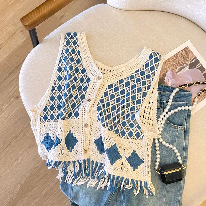 Ethnic Style Retro Diamond-Shaped Tassel Knitted Vest for Women, Beach Vacation Hollow-Out Thin Cardigan Ethnic Style Retro Diamond-Shaped Tassel Knitted Vest for Women, Beach Vacation Hollow-Out Thin Cardigan