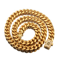 European and American gold-plated full diamond belt head Cuban titanium steel necklace men's trendy hip-hop high-end fashion clavicle chain accessories