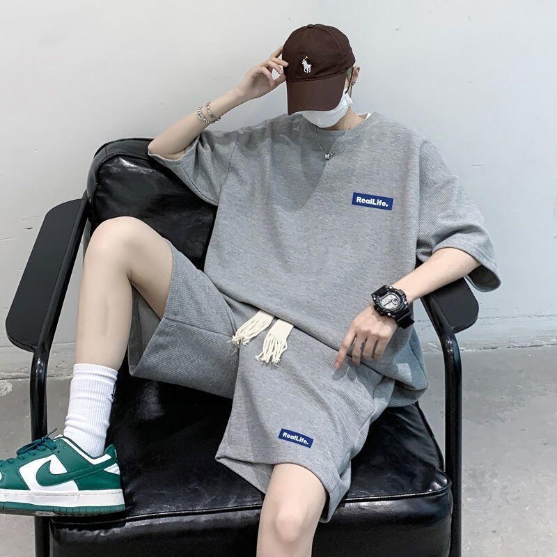Summer Men's Casual Sports Suit Waffle Loose Trendy Brand Trendy Handsome Short-Sleeved Set of Shorts Two-Piece Set