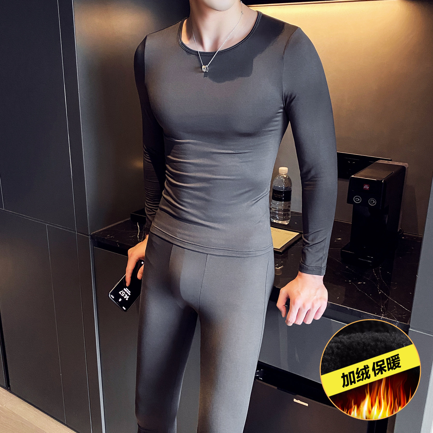 Winter Crew Neck Underwear Set Men's Fever Thin Thick Velvet Bottoming Shirt De velvet Top Tight Long Length Pants Set