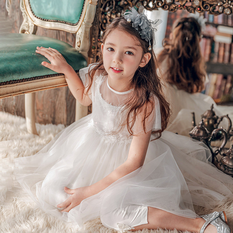 Boat mouse girl white dress summer dress Western style 2021 new gauze skirt children's skirt Korean version of the children's princess skirt