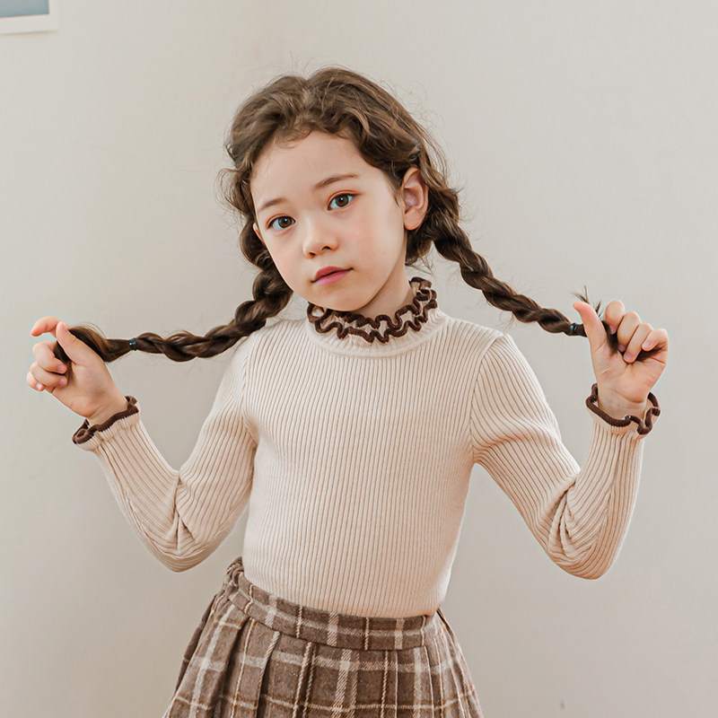 Boat rat girl sweaters thicken jacket head half height collar bottom shirt pure color foreign children stitch cardiovert little girl blouse