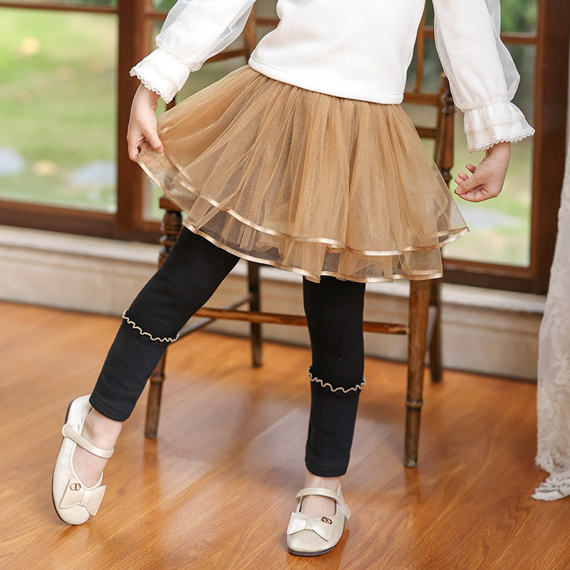 Boat rat girl gush dress pants autumn winter Korean version for children pants fake two mesh yarn black female baby long pants