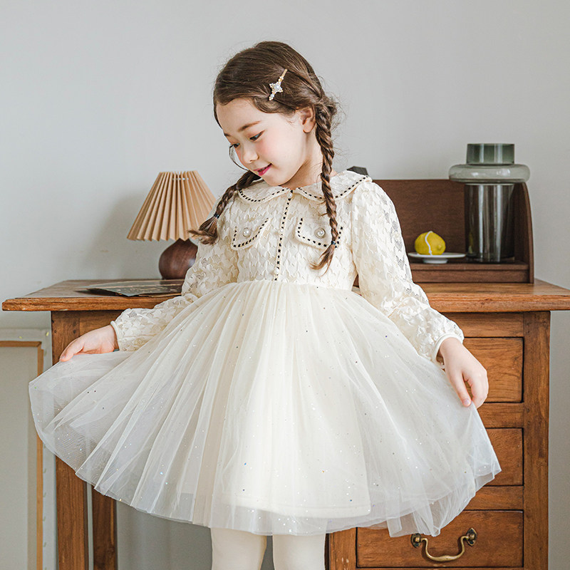 Boat Rat Princess Dress Girl Winter Dress Plus Suede Thickened Children's Dresses Winter Style 2021 New Foreign Pine Lace Dress