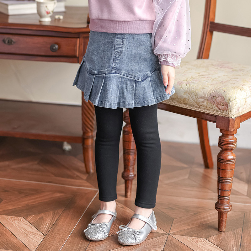 Boat Rat Girl Gush Pants Autumn Winter Outwear Foreign Pie Children Fake two Cowboys Inner Lap Pants Nepotism Baby Dress Pants