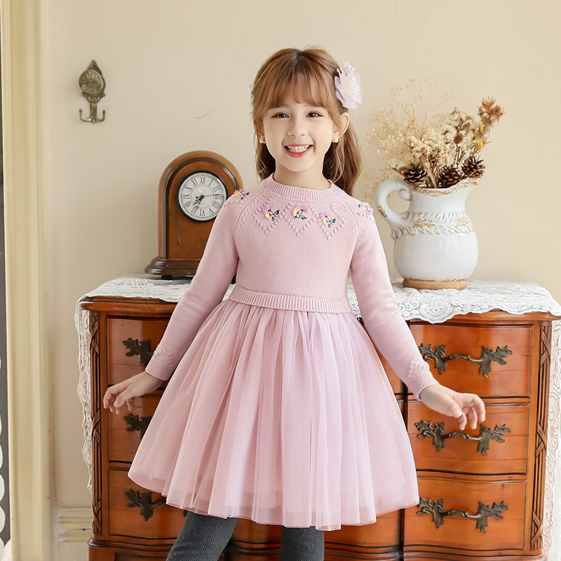 Boat Rat Girls Sweater Dress Long Sleeve Round Neck Flower Yarn Skirt Kids Princess Skirt Children's Skirt Girl Baby Dress