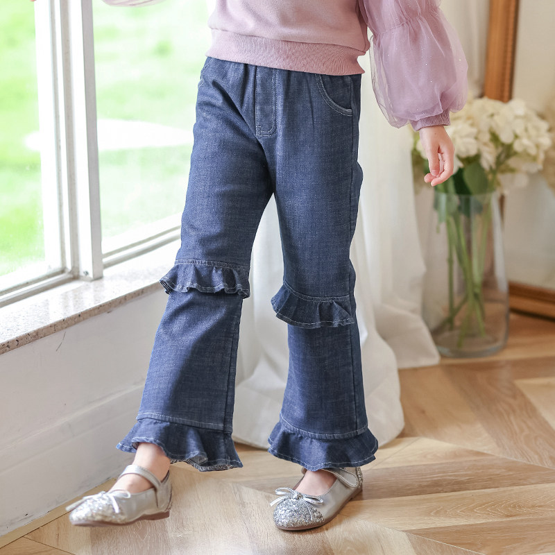 Boat mouse girls fleece jeans autumn and winter thickened straight ruffles little girl pants big boy children's trousers