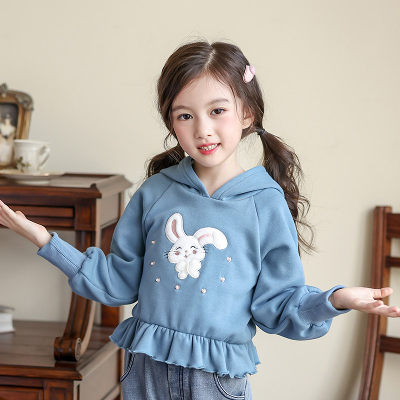 Boat rat girl thick T-shirt with cap sleeve head and velvety thickened autumn and winter 2021 new foreign pie hem lace children blouses