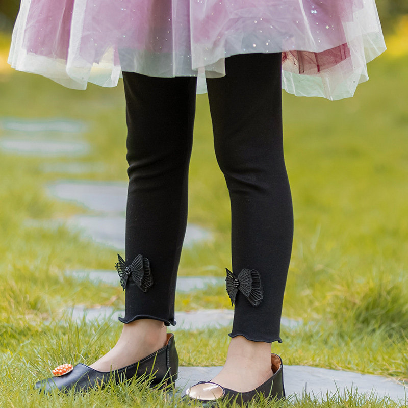 Girl White Pants Black Little Girl Long Pants Foreign Pie High Waisted Butterfly Knot Wood Ear Side Children Fall Inside Pants