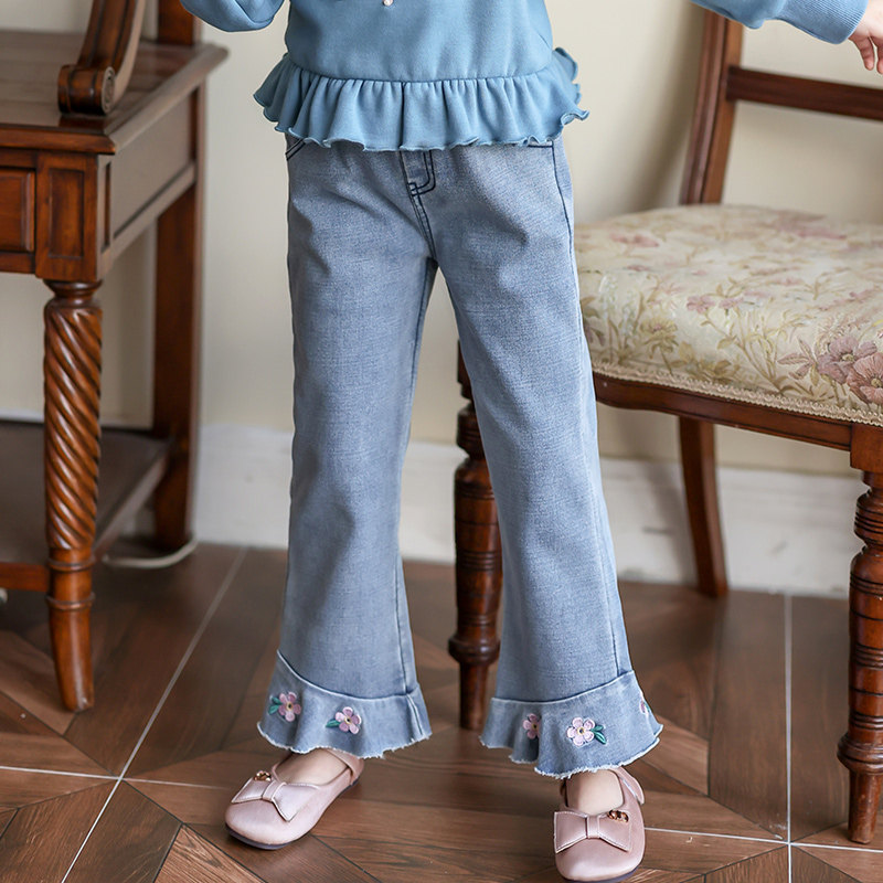 Creek girl jeans plus thick and thick Han edition of high waist embroidery flower Su small horn pants children's trousers