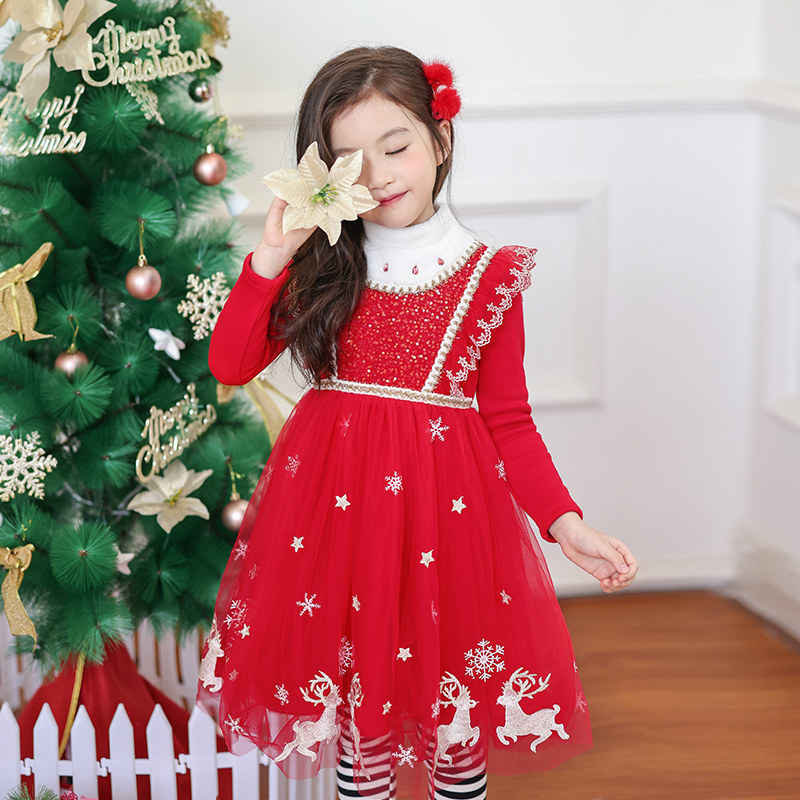 Boat mouse skirt girls autumn and winter children's dress plus velvet thickened princess skirt red 2021 new style