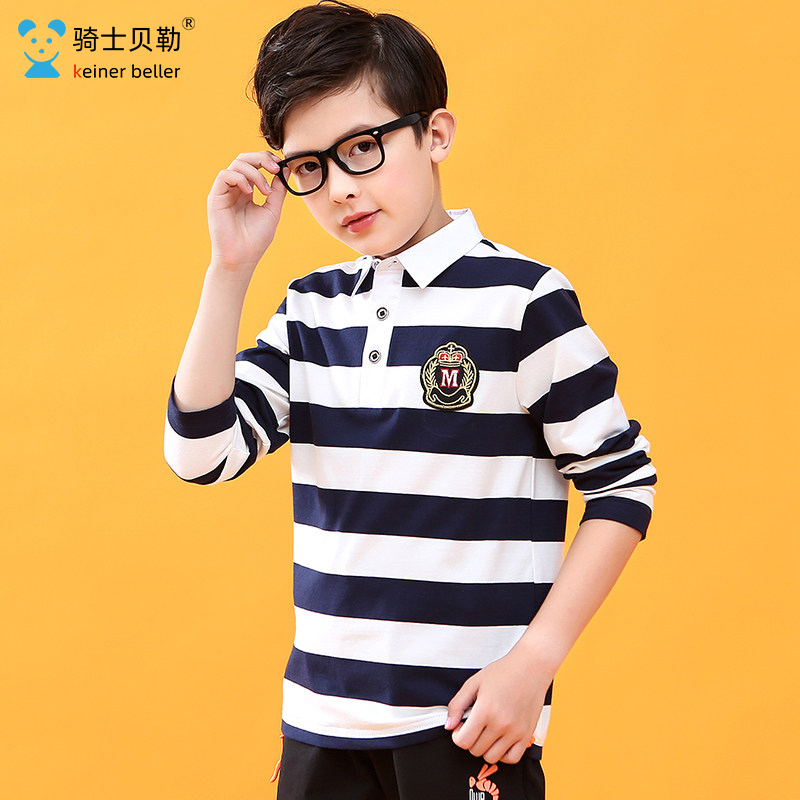 Children's Boys' Striped Long-Sleeve T-Shirt with a Polo Collar, Suitable for Older Children and Students, Casual Spring and Autumn Pullover