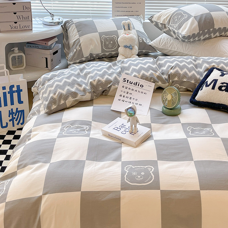 100 pure cotton ins wind bed with four pieces of full cotton cartoon student dormitory bed linen bed with three sets of single quilt cover