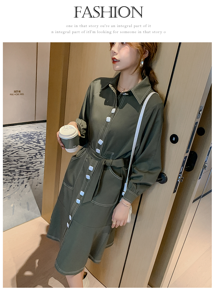VK旗艦店 韓國風單排釦大口袋風衣工裝翻領長袖洋裝