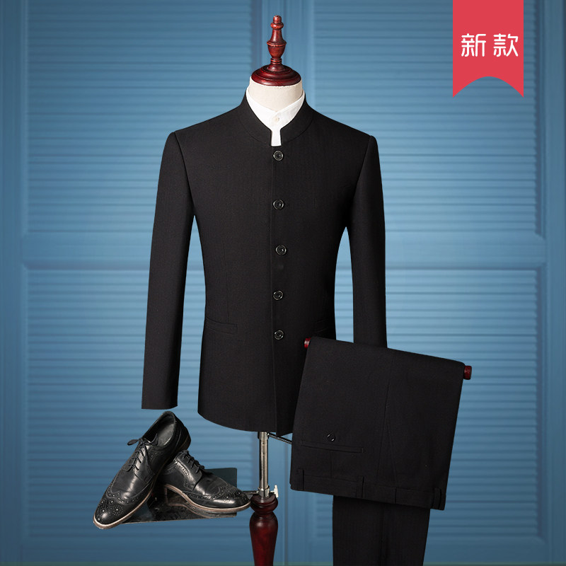 Personality Youth Republic Wind Black Stand-up Collar Zhongshan Dress Large Scale Code Trend Groom Wedding Suit Suits for men's clothing