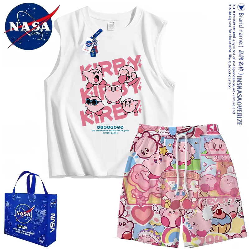 Nasa Co-Branded Kirby Cartoon Vest Set for Men, Thin Summer Sleeveless Vest T-Shirt and Shorts Set
